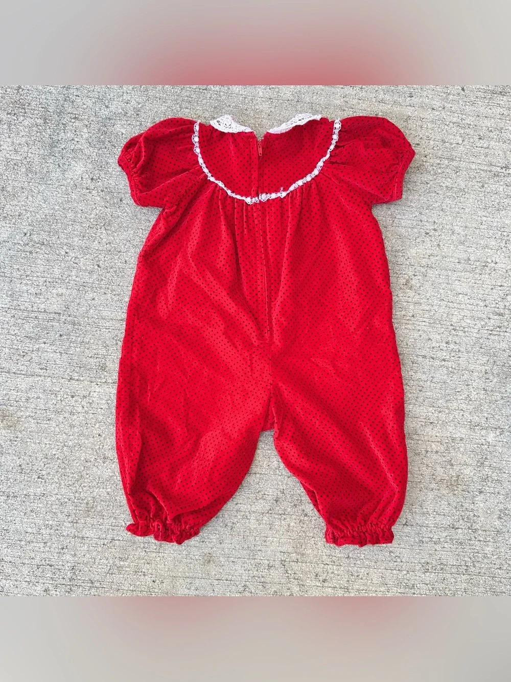 Vintage 80s Red W/ Black Polka Dot White Lace Bubble Baby Girl Romper 6-9 Months